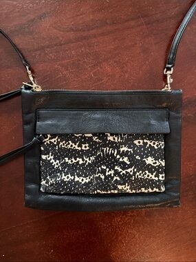 Coach Black Leather Crossbody with Black & White Patterned Front Pocket
